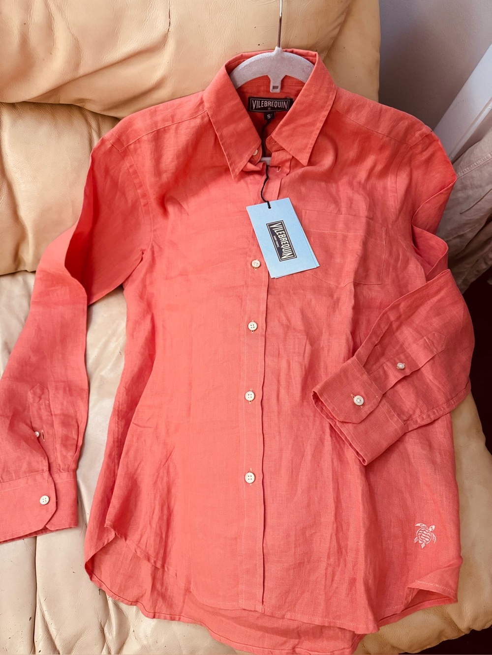 New w/Tags Vilebrequin Mens linen Shirt long sleeved Sz Small Pink Orange